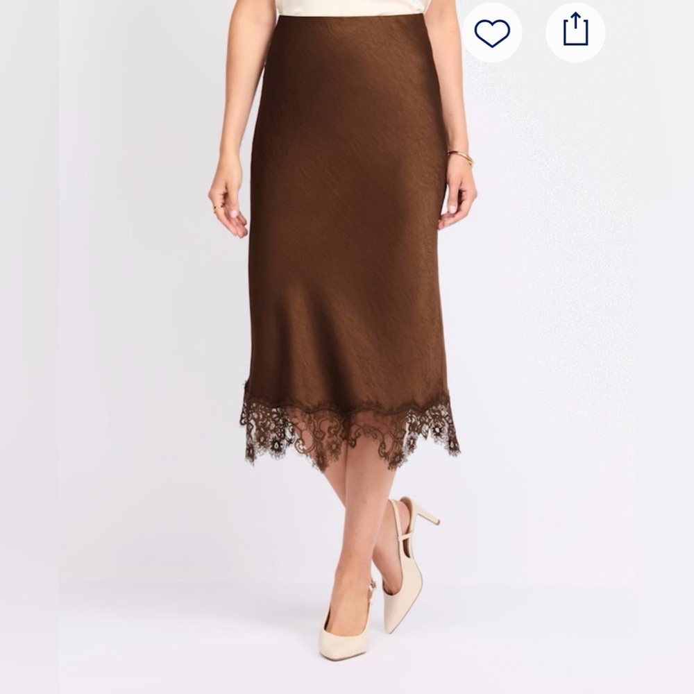 Chocolate Brown Satin Lace Trim Midi Skirt | Slip Skirt Style